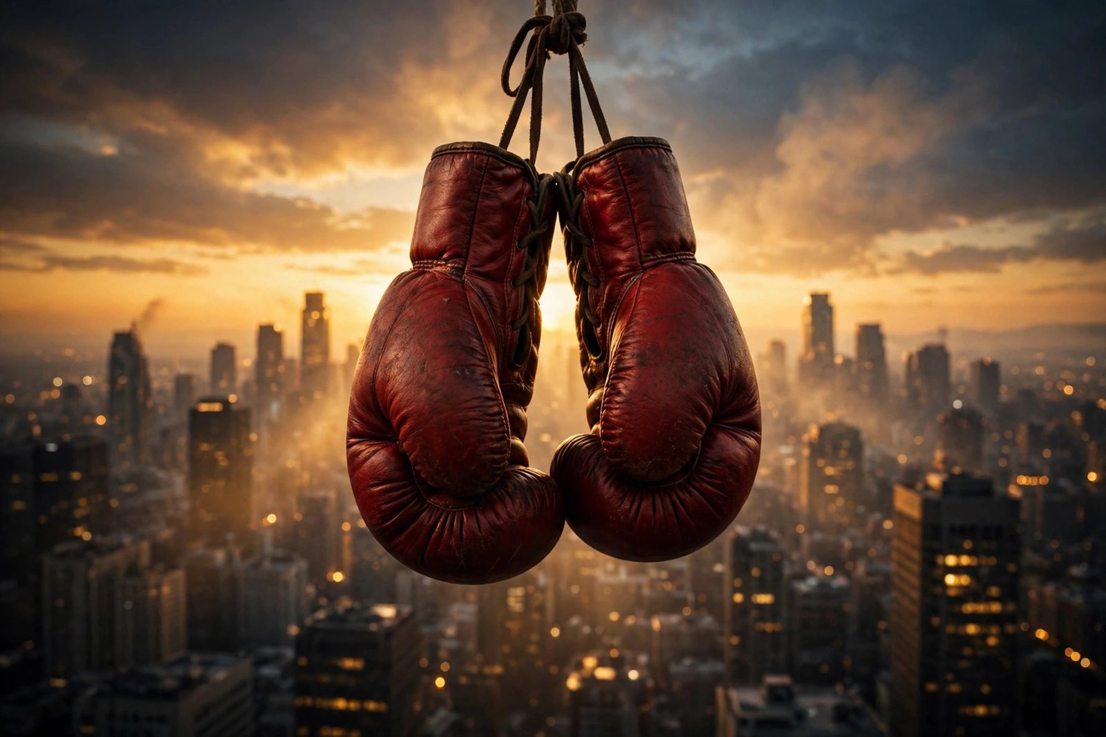 Vintage red boxing gloves hanging over a city skyline at dusk, honoring the Muhammad Ali legacy behind Julian Ali Rapaport's middle name