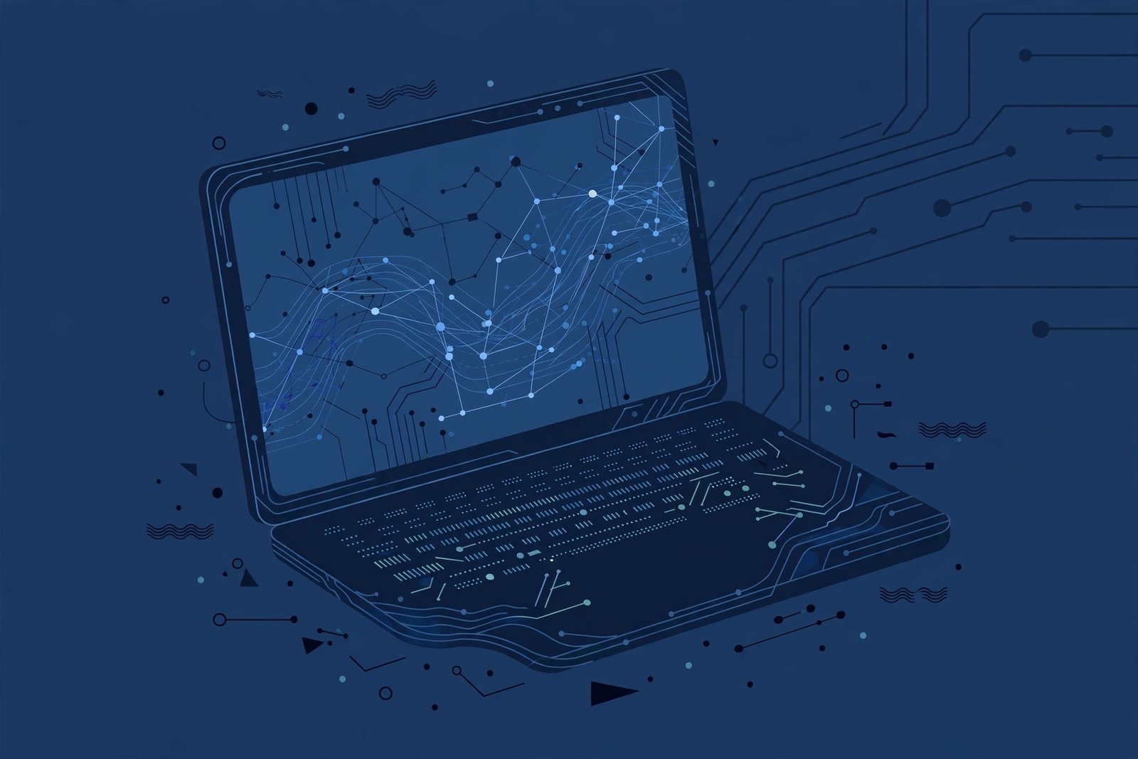 Abstract laptop illustration with code-like patterns representing a technology blog