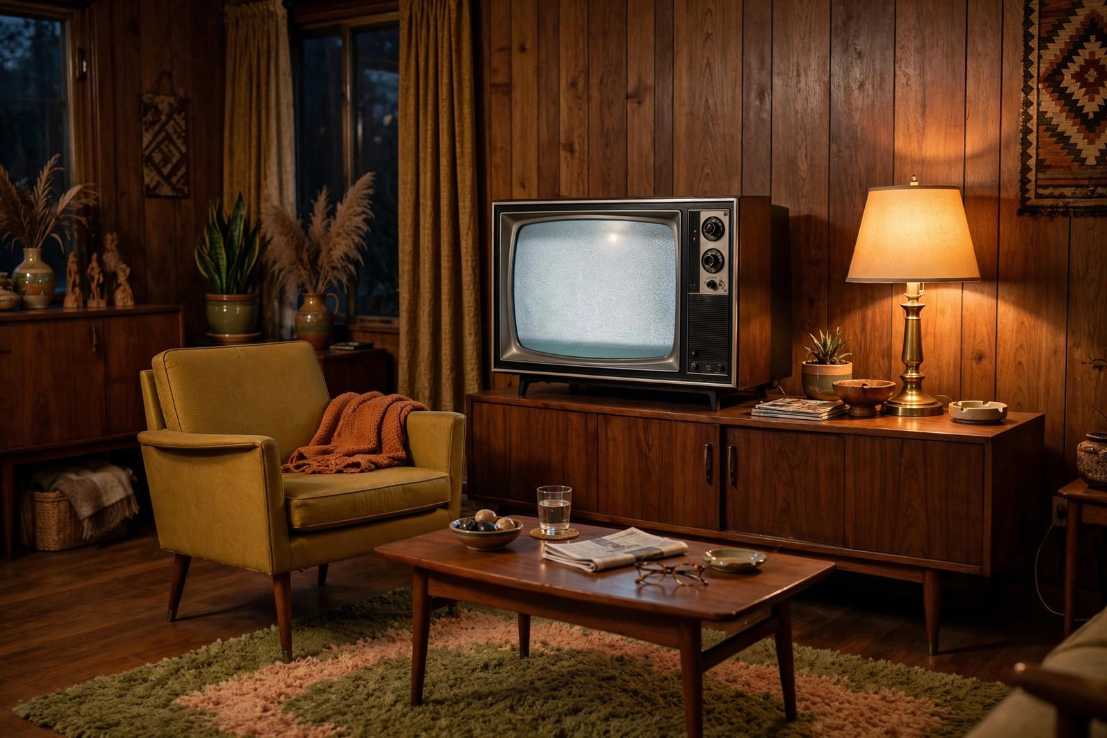 Vintage 1960s living room with a classic black-and-white television set, evoking the golden age of television when Mannix aired