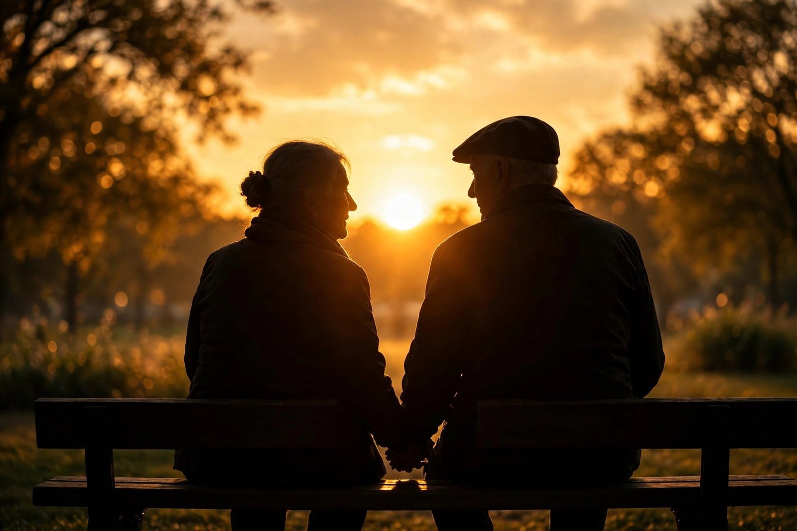 Silhouette of an elderly couple holding hands on a park bench at sunset, symbolizing a lifelong marriage