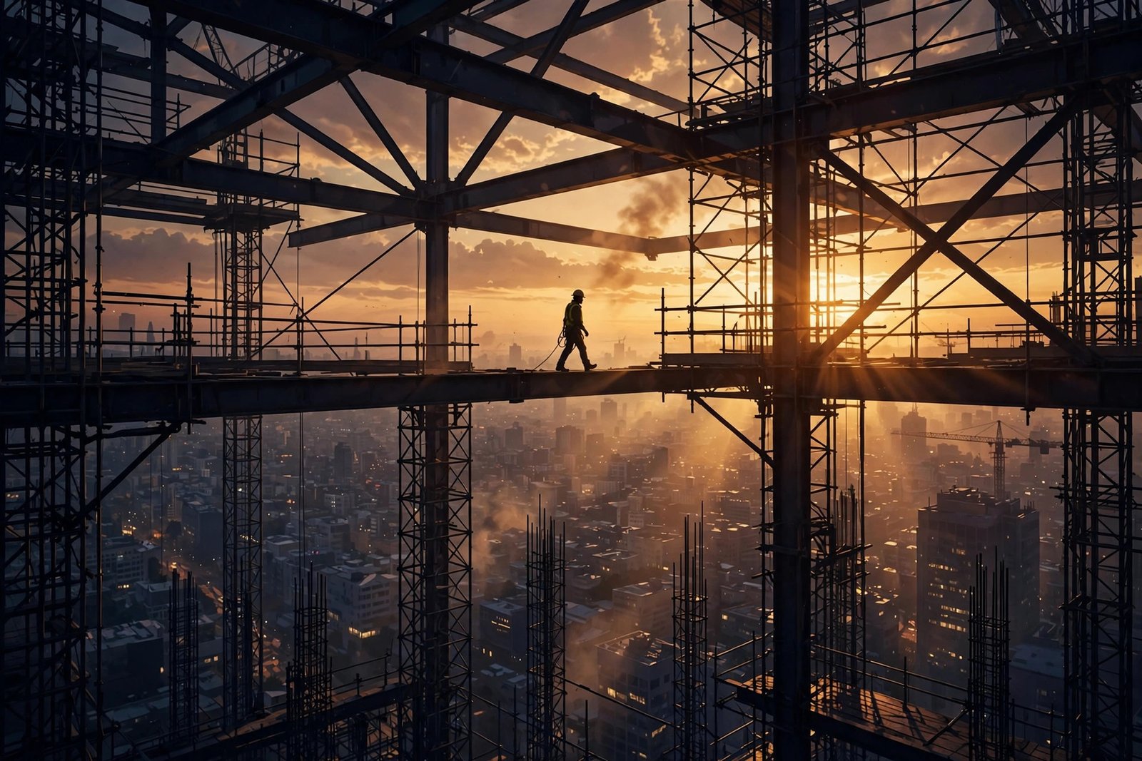 Silhouette of a construction worker walking on a steel beam at sunset above a city skyline