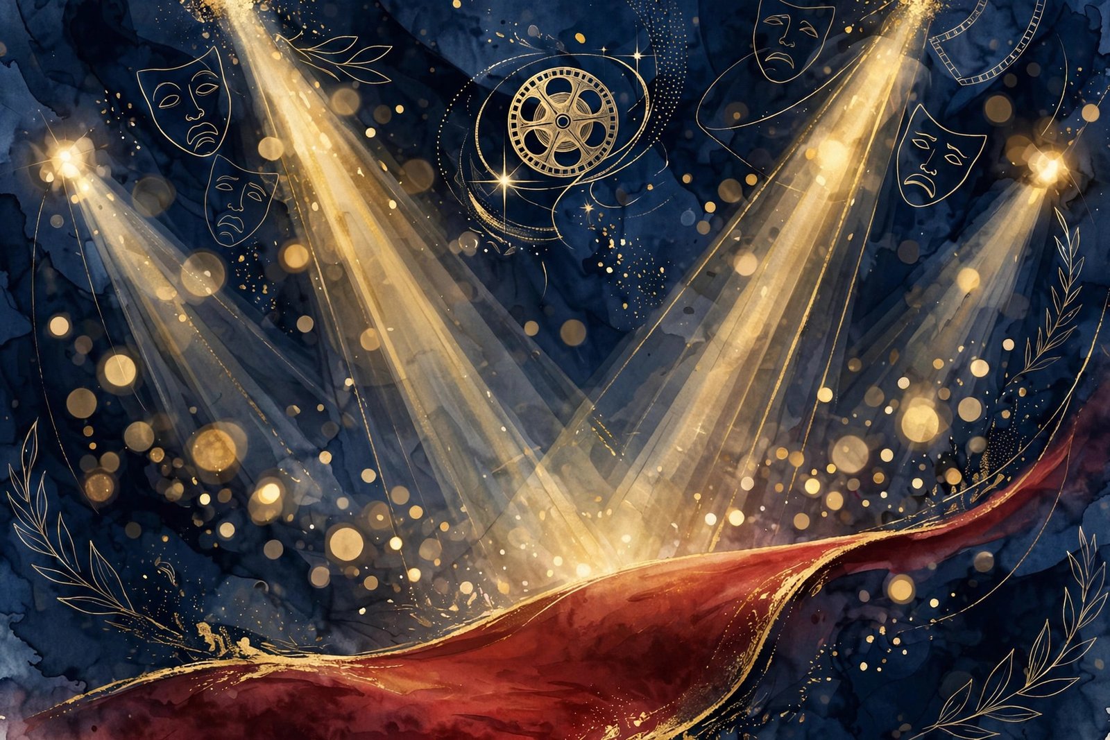 Illustration of red carpet spotlights and film premiere lights in gold and deep blue