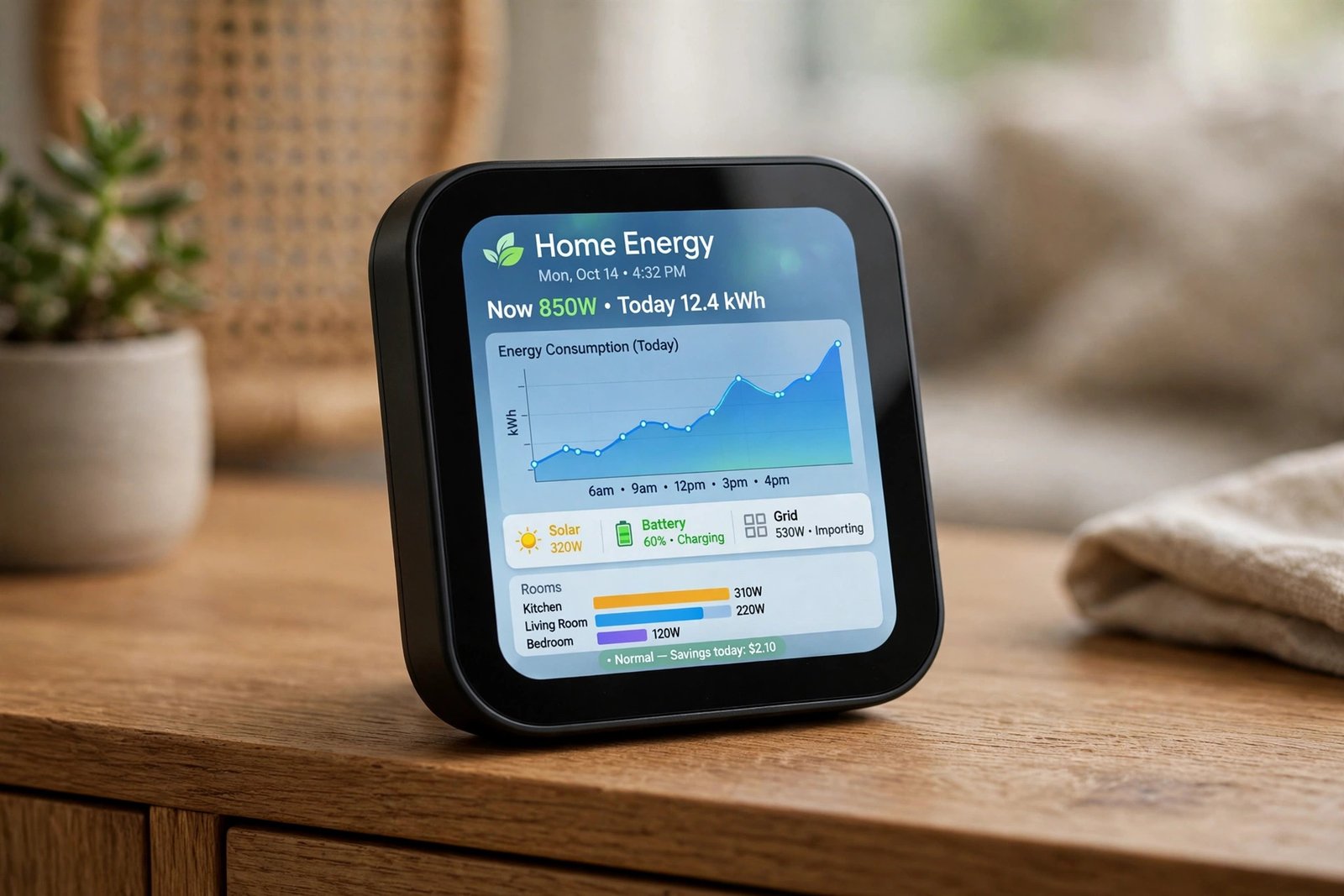 Smart home hub with touchscreen showing home energy consumption graphs on a wooden sideboard