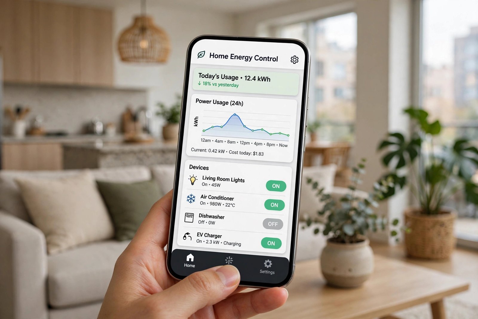 Hand holding a smartphone displaying a home energy control app with power usage charts