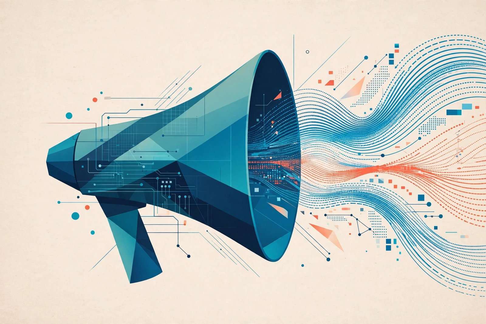 Abstract megaphone illustration with digital signal waves representing online publishing