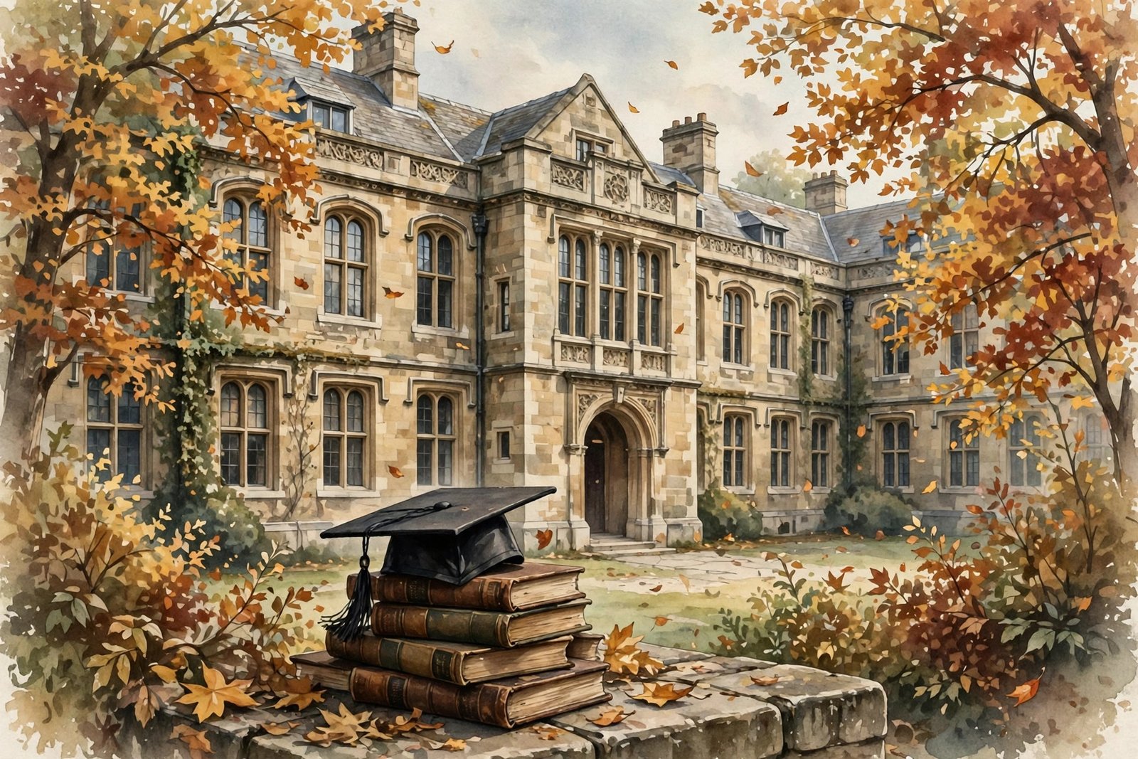 Illustration of a historic London school building with a graduation cap resting on old books, representing Alex Cowper-Smith education at Westminster School and the University of Nottingham