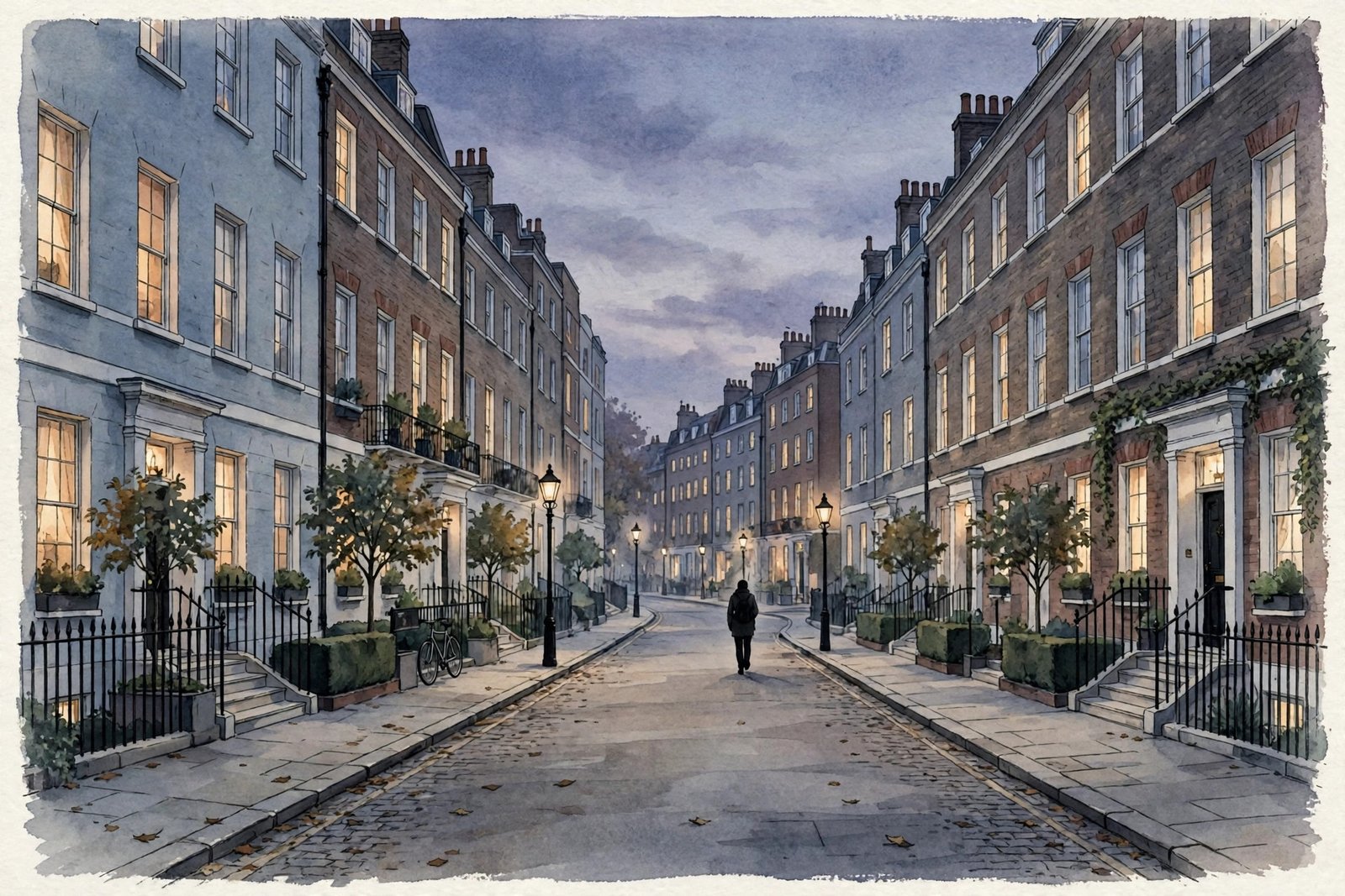 Illustration of a quiet London street at dusk with a person walking away in silhouette, representing Alex Cowper-Smith private life after divorce