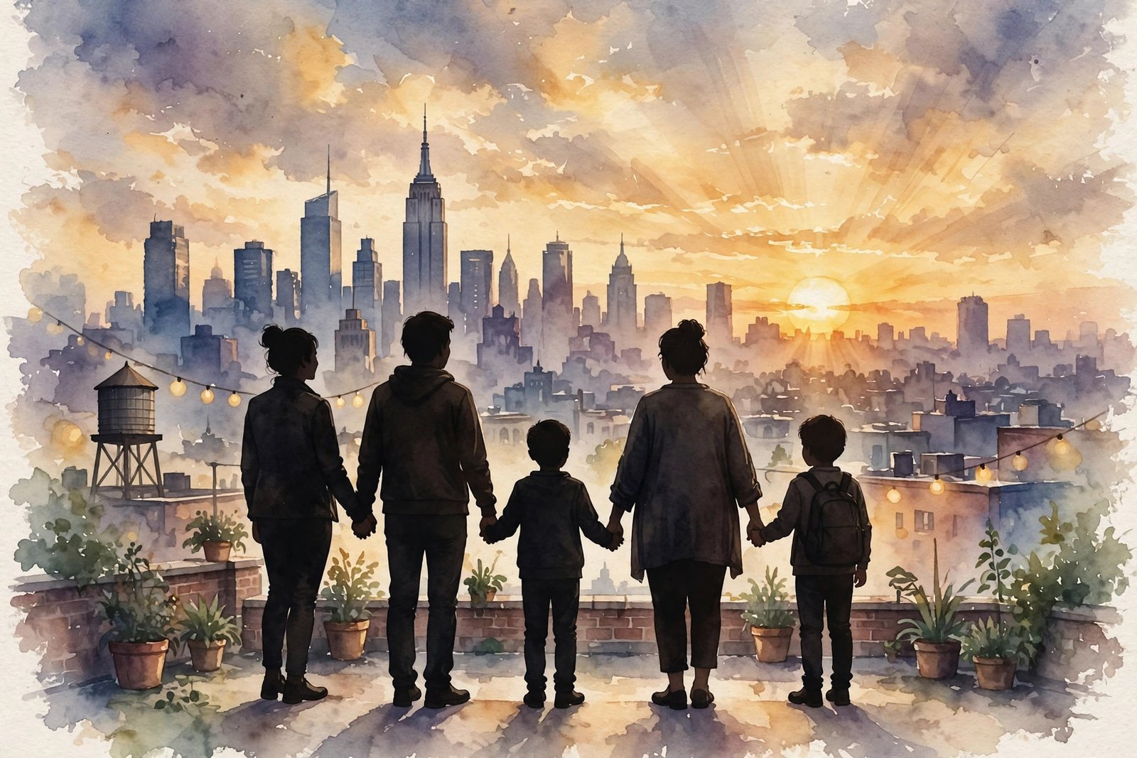 Warm watercolor illustration of a blended family holding hands on a New York rooftop at sunset, representing Charles Ezekiel Mozes's inclusive family upbringing