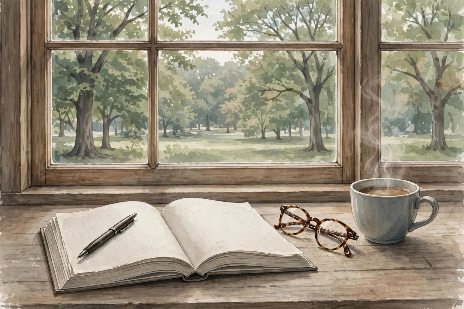 Calm desk scene with an open book, reading glasses, and coffee by a window overlooking Central Park trees, symbolizing Charles Ezekiel Mozes's quiet private life away from fame
