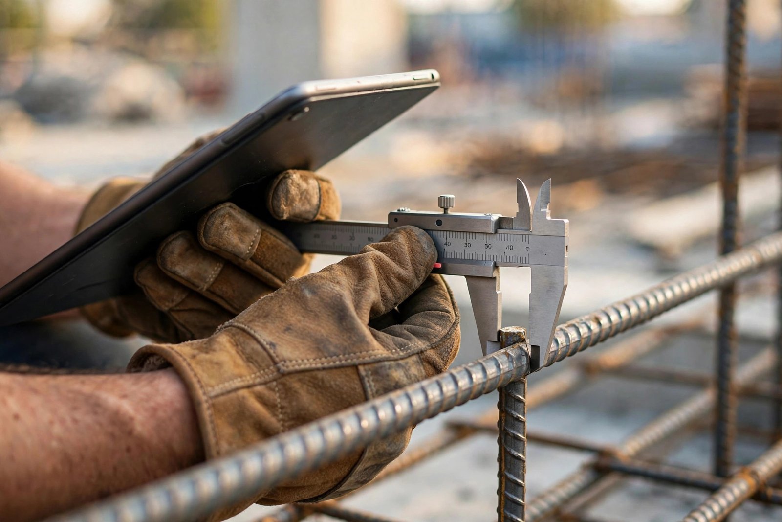 Engineer measuring steel rebar diameter with digital calipers during a technical site inspection