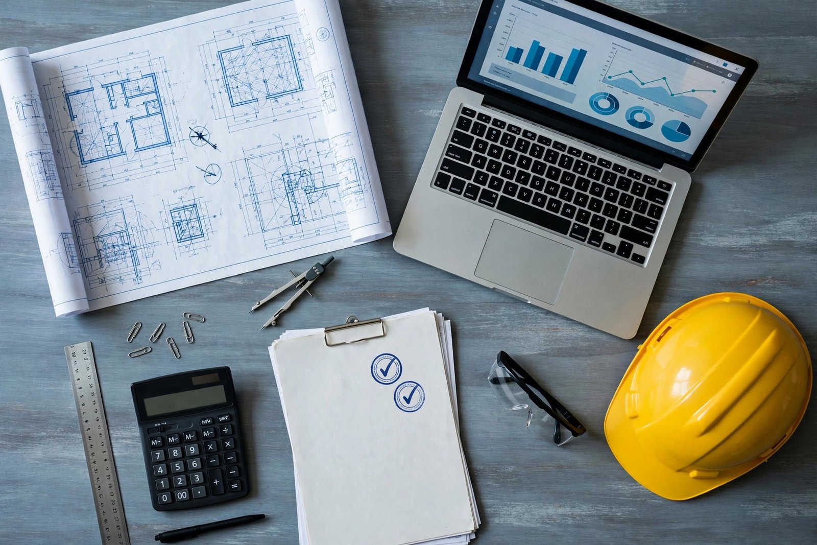 Technical audit desk with engineering drawings, inspection reports, and a project dashboard on a laptop