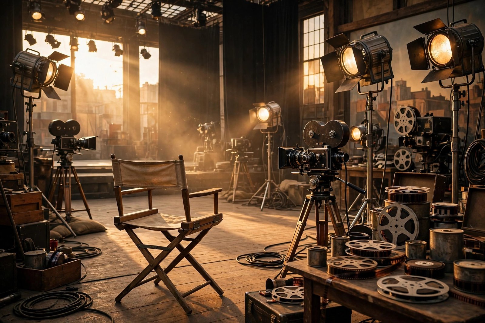 Vintage television production set with a director's chair, studio lights, and classic Hollywood cameras