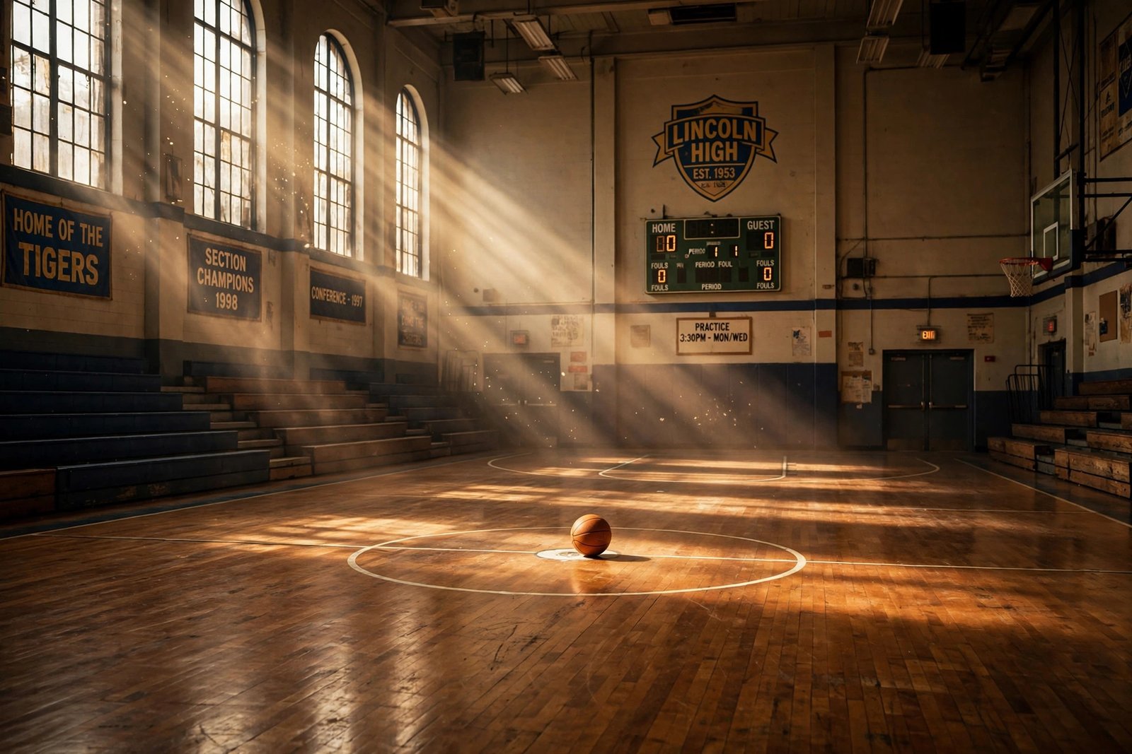 Illustration of an empty high school basketball gymnasium with a single ball at center court, evoking Jasper Breckenridge Johnson's basketball years