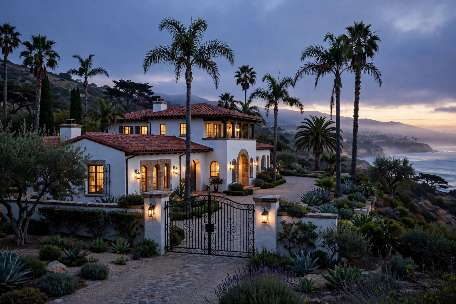 Illustration of a quiet Santa Barbara style coastal estate at dusk, reflecting the private upbringing of Jasper Breckenridge Johnson