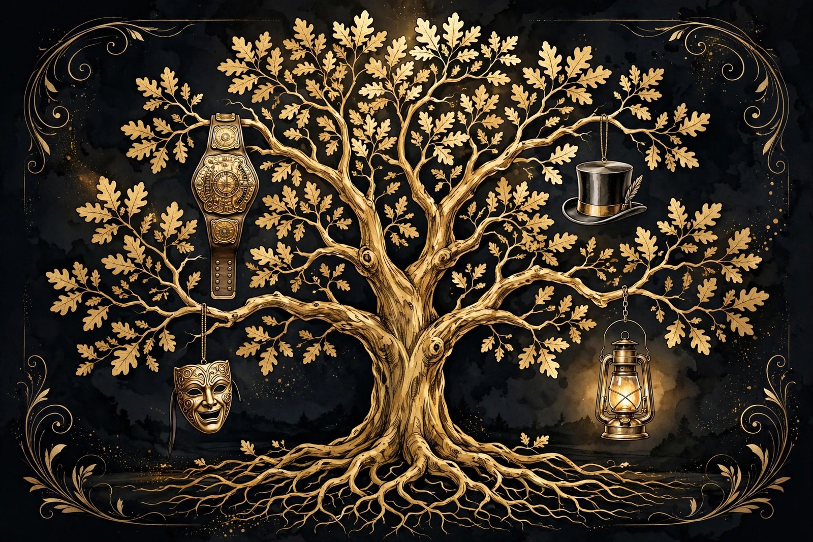 Illustrated golden family tree representing the multi-generation Rotunda wrestling dynasty