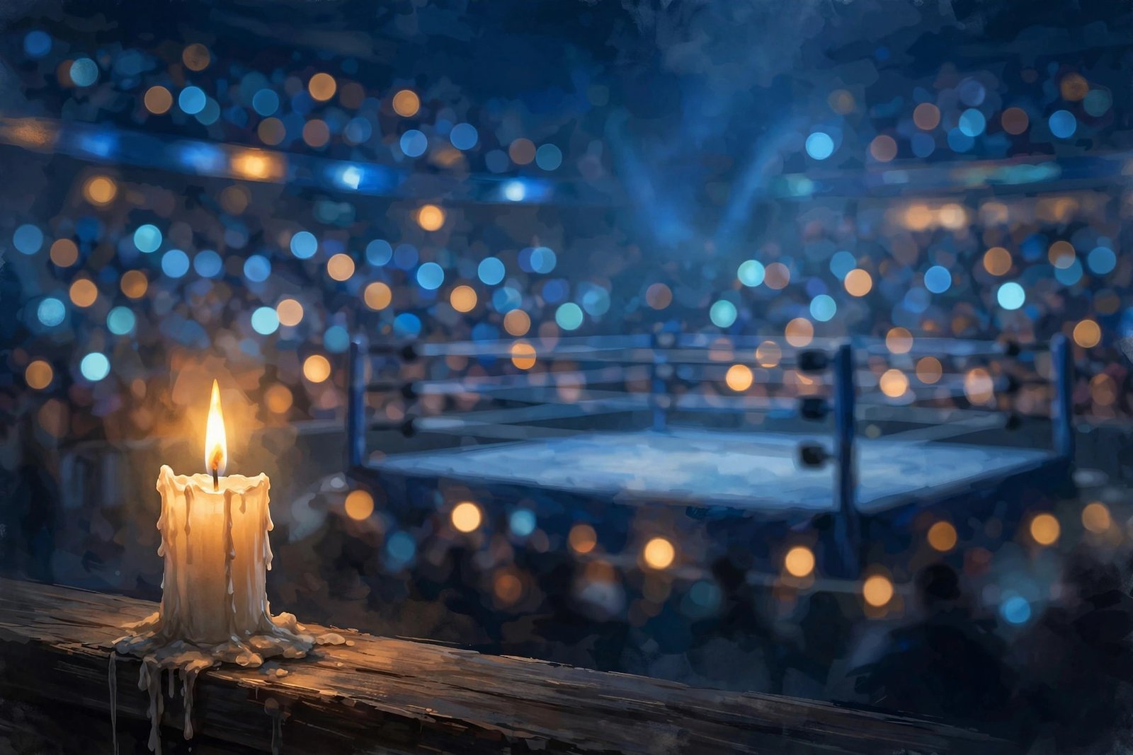 A single lit candle glowing before a blurred arena crowd holding up lights in tribute