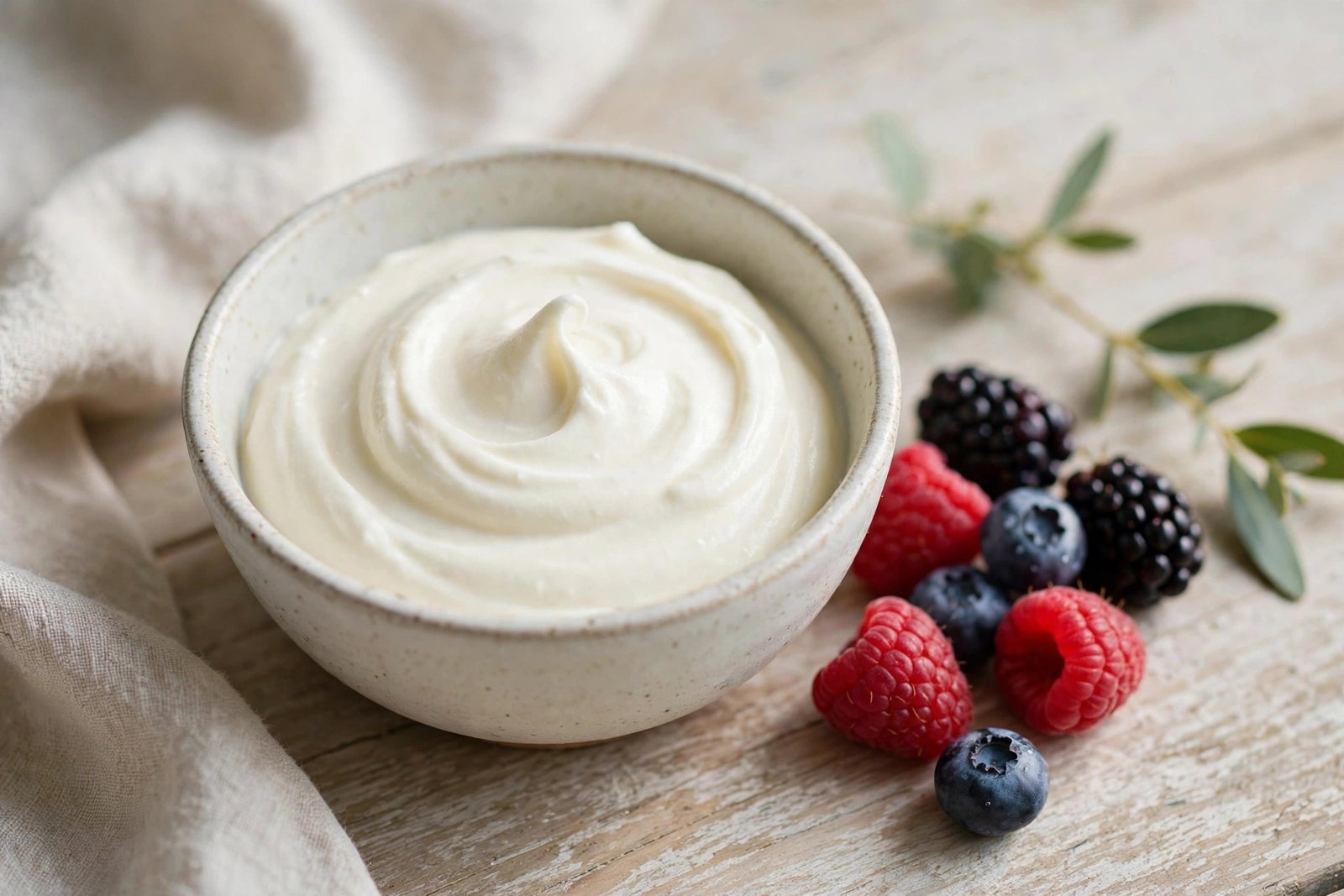 Creamy mascarpone cheese in a ceramic bowl with fresh berries on a rustic wooden table