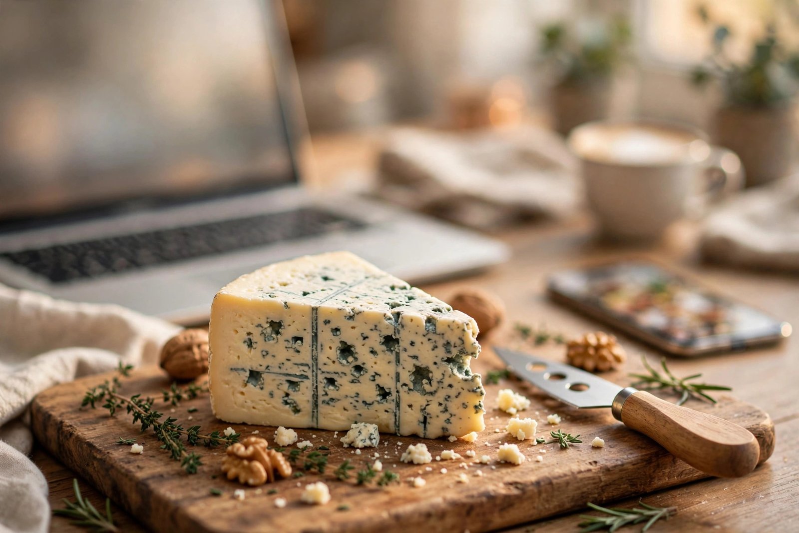 Wedge of gorgonzola blue cheese on a cutting board in a food blogger workspace with a laptop showing a recipe blog
