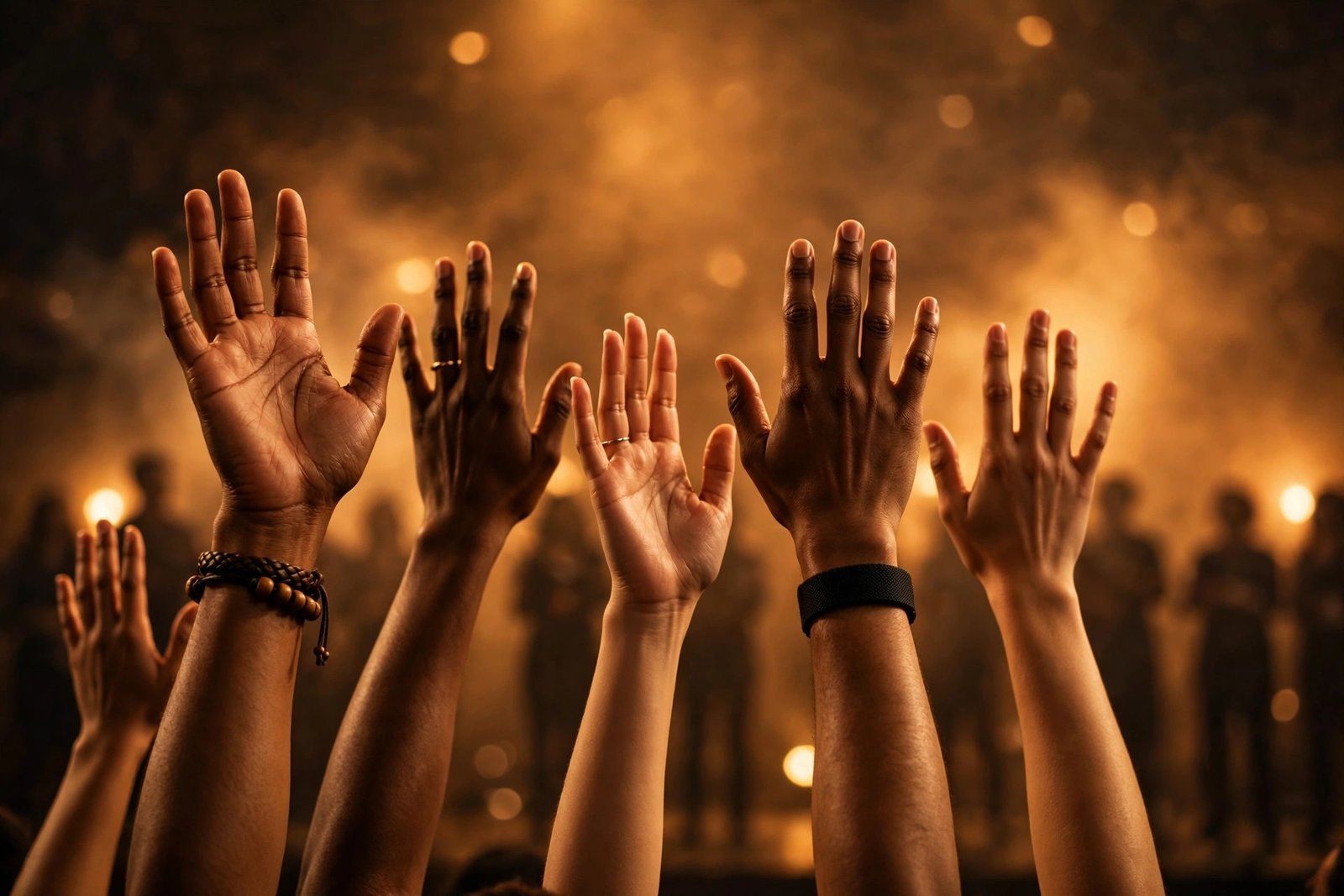 Raised hands in warm stage light at a gospel worship concert, honoring Meleasa Houghton's music ministry