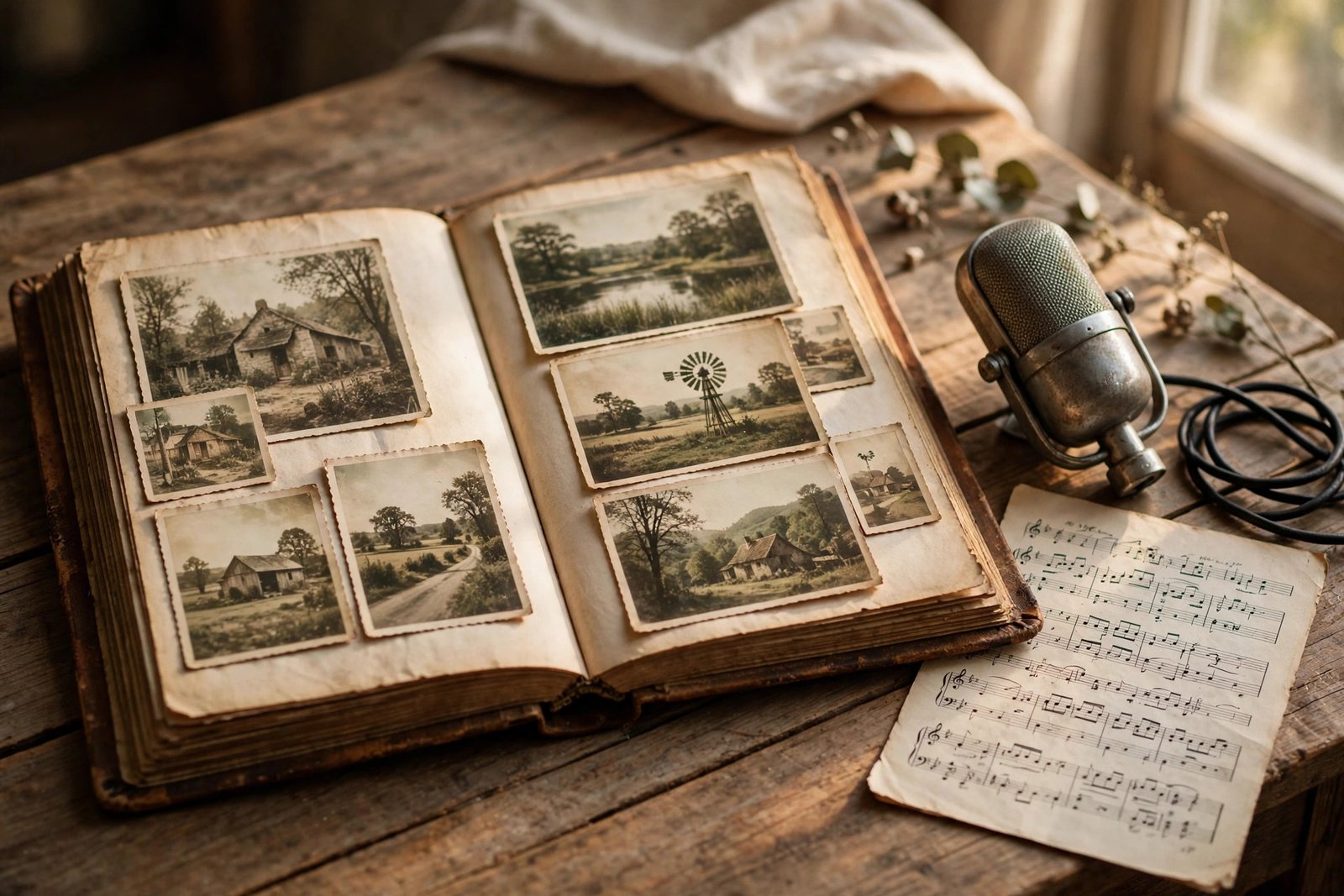 Nostalgic still life of a family photo album, microphone and sheet music in warm light
