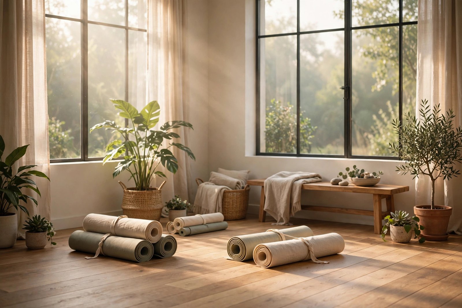 Serene yoga and wellness studio with rolled mats and morning sunlight