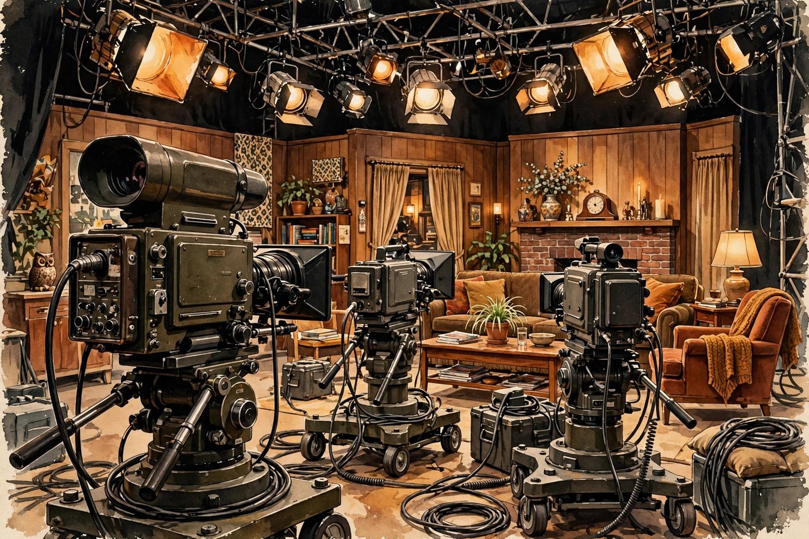 Vintage 1970s television studio set seen from behind the cameras
