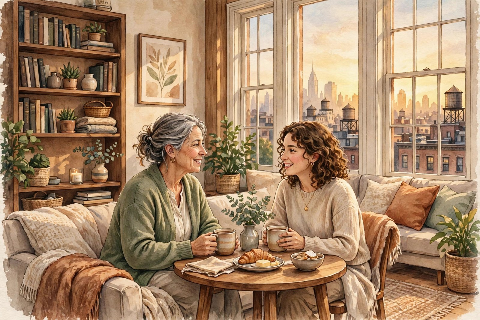 Illustration of a mother and adult daughter talking over coffee in a warm New York living room with bookshelves