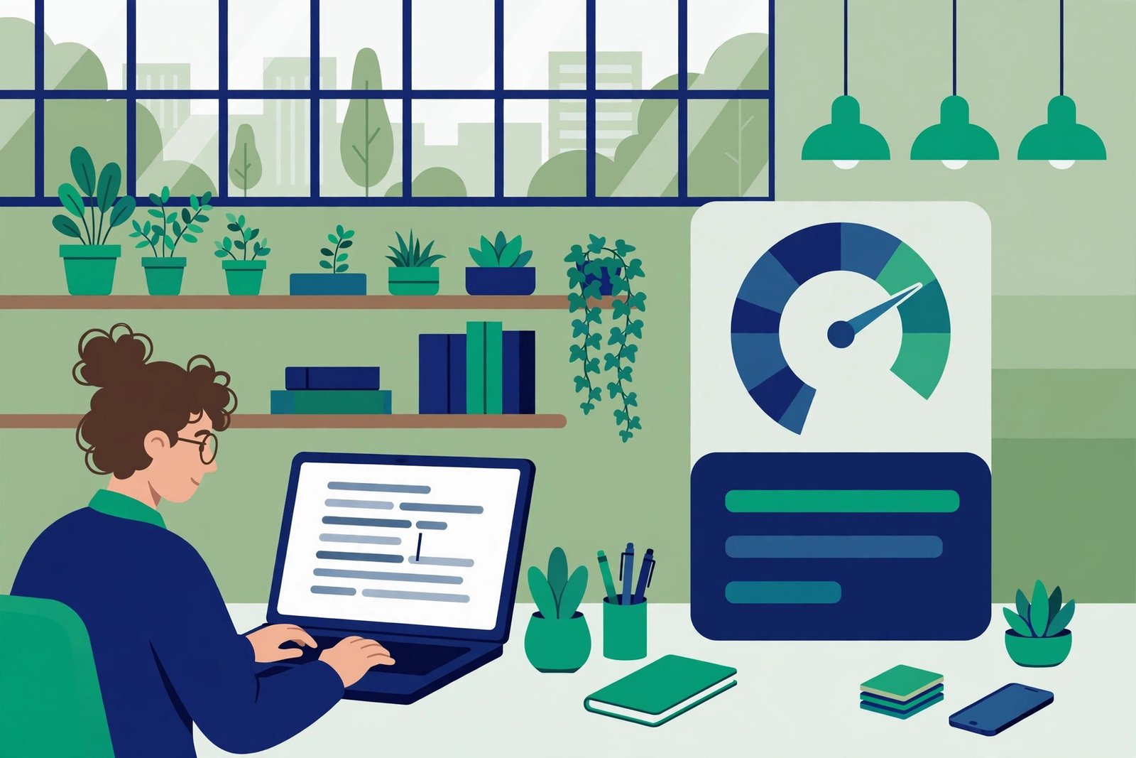 Writer editing an article with a keyword density gauge and word count panel