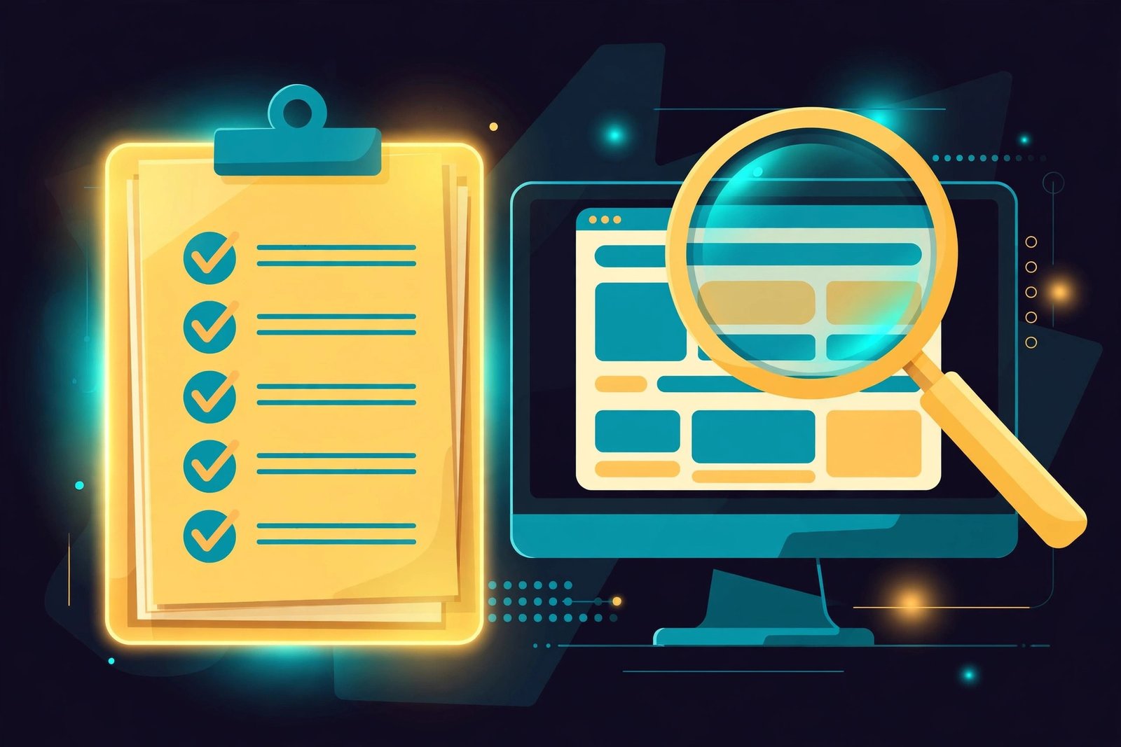 Illustration of a glowing verification checklist beside a magnifying glass inspecting a website