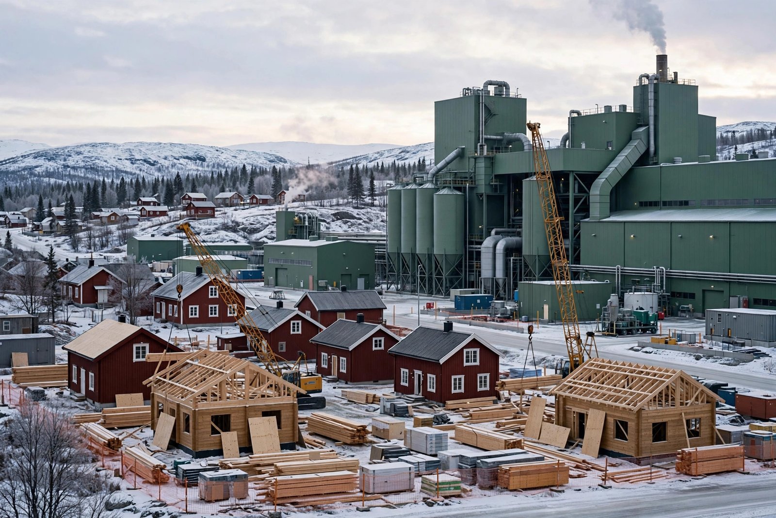 Construction cranes and new homes rising beside a green steel plant in Boden, Sweden, as part of the Bodenxt transformation