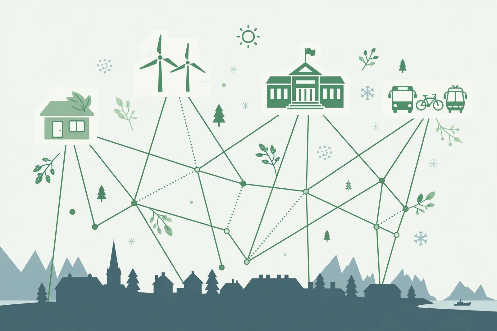 Illustration of connected green infrastructure linking housing, renewable energy, schools, and transport in a Nordic community