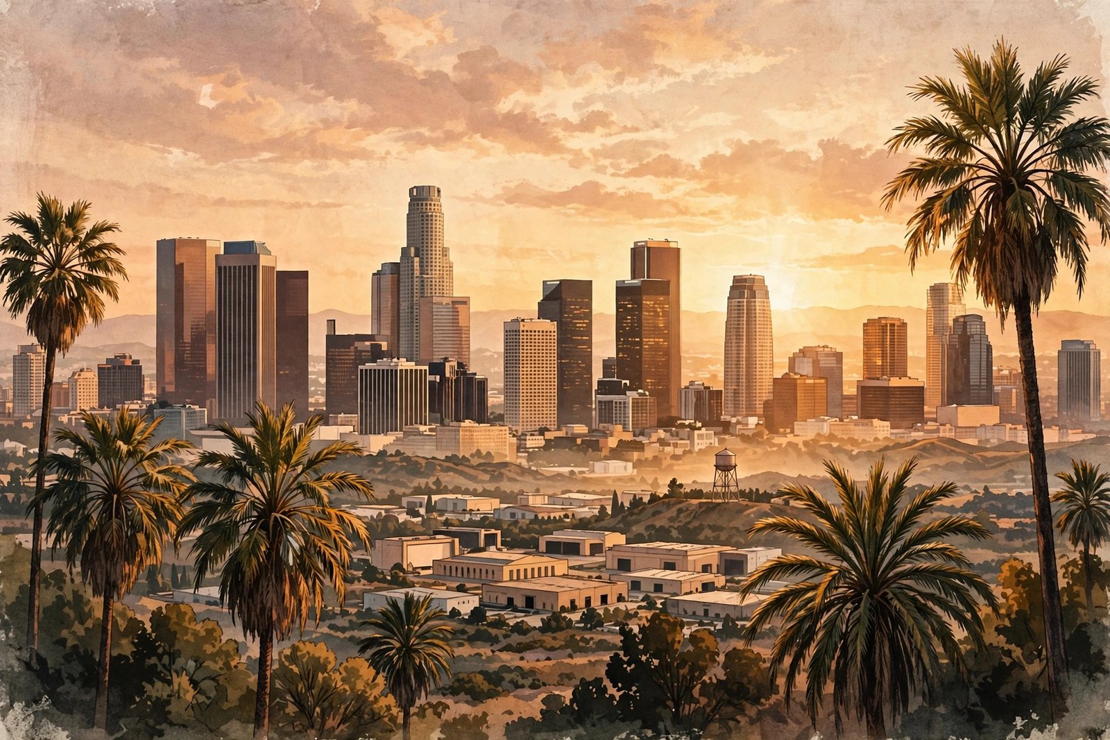 Los Angeles skyline at golden hour with palm trees and a film studio in the distance, the city where Caitlyn Melissa Murray was born