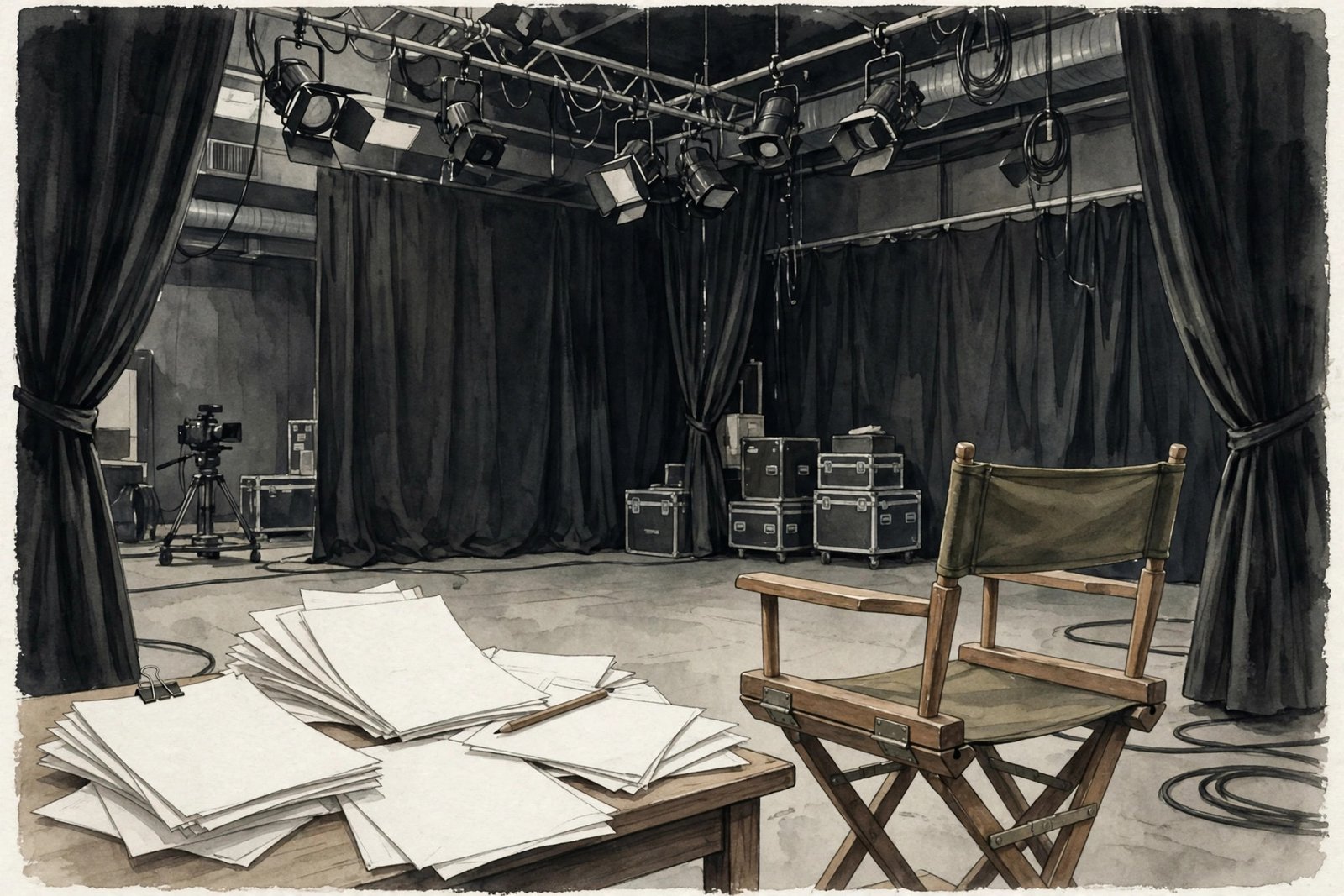 An empty television soundstage with a director chair, script pages and studio lights, evoking Caitlyn Melissa Murray's NCIS debut