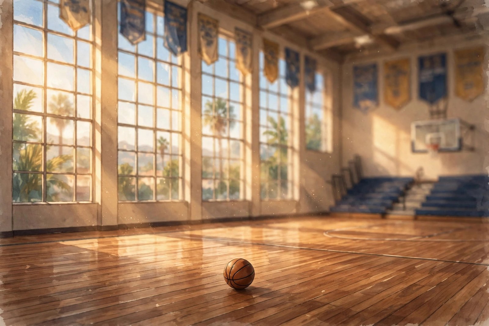 Illustration of a basketball on a quiet California school gymnasium court, representing Jasper Breckinridge Johnson's high school basketball years
