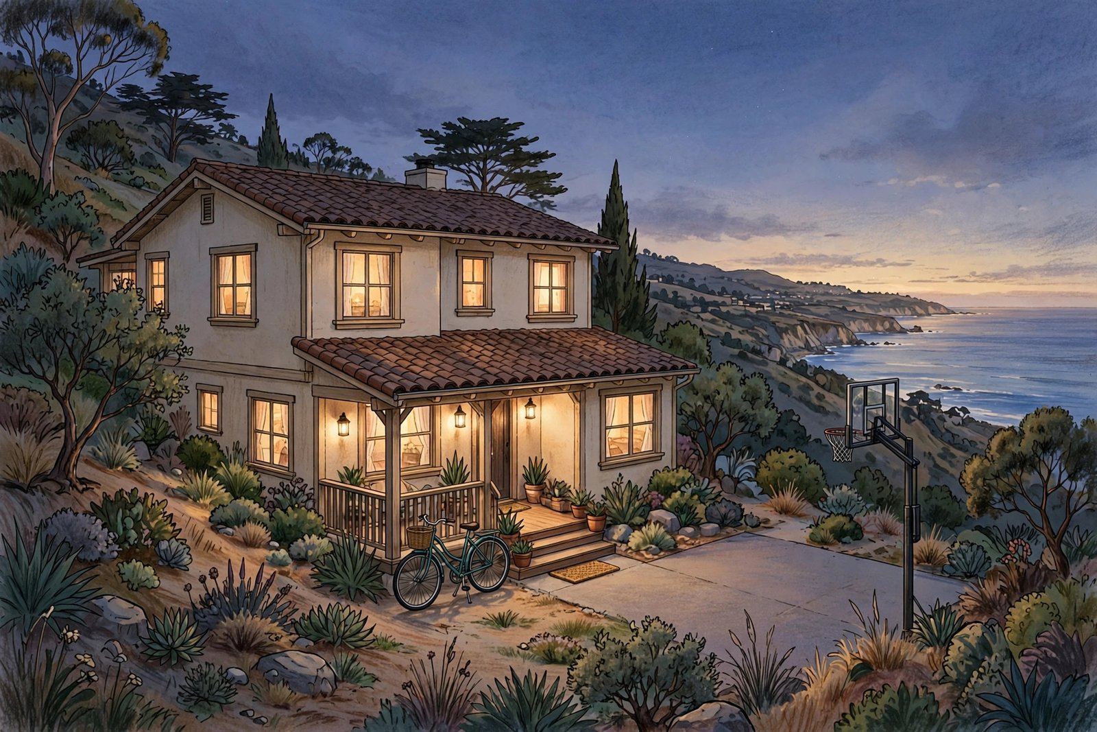 Illustration of a peaceful California hillside home at dusk with a basketball hoop in a driveway, representing a private family life away from Hollywood