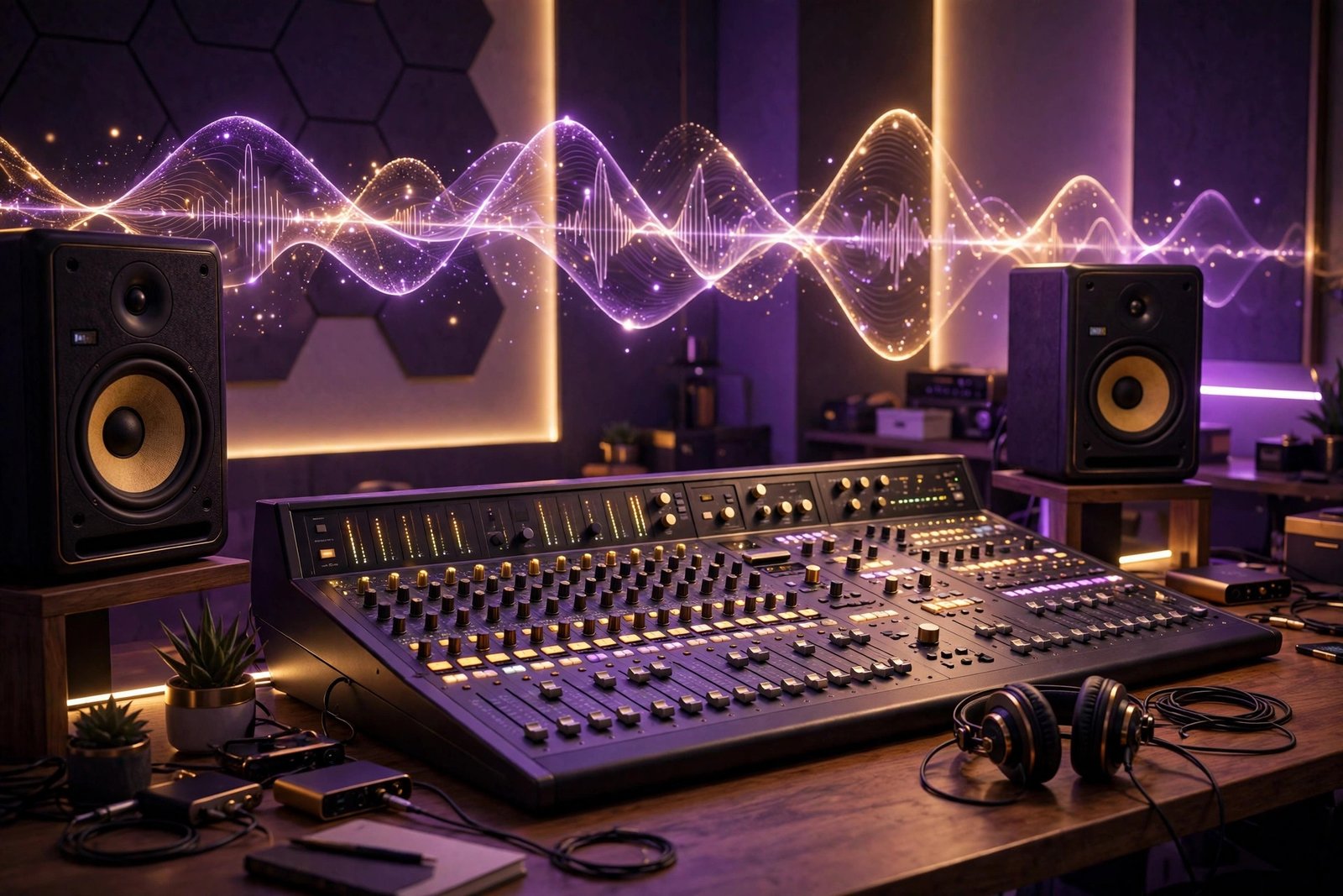 Recording studio mixing console and headphones representing Joshua Russaw's work as a music producer