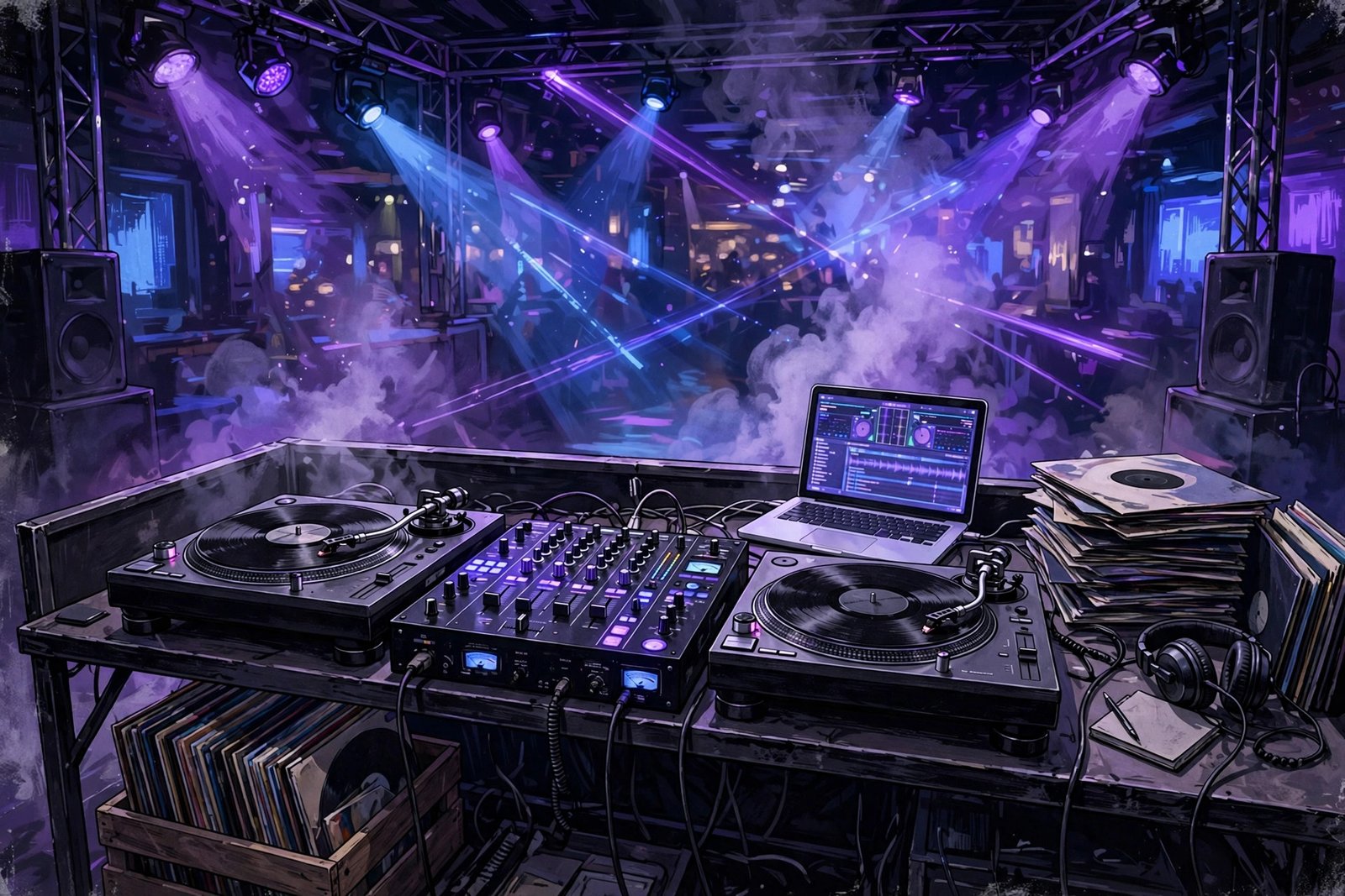 DJ turntables and stage lighting representing Joshua Russaw performing as DJ Jahad