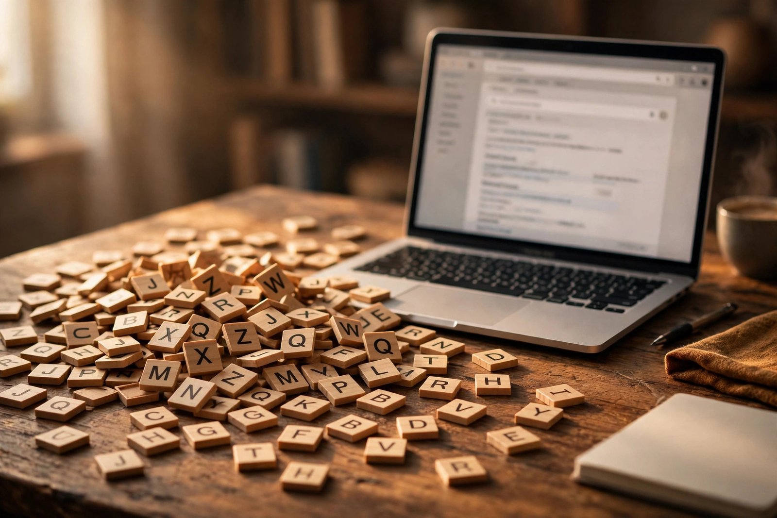 Scattered letter tiles forming a jumbled word beside a laptop, illustrating a misspelled search term like metronidasool