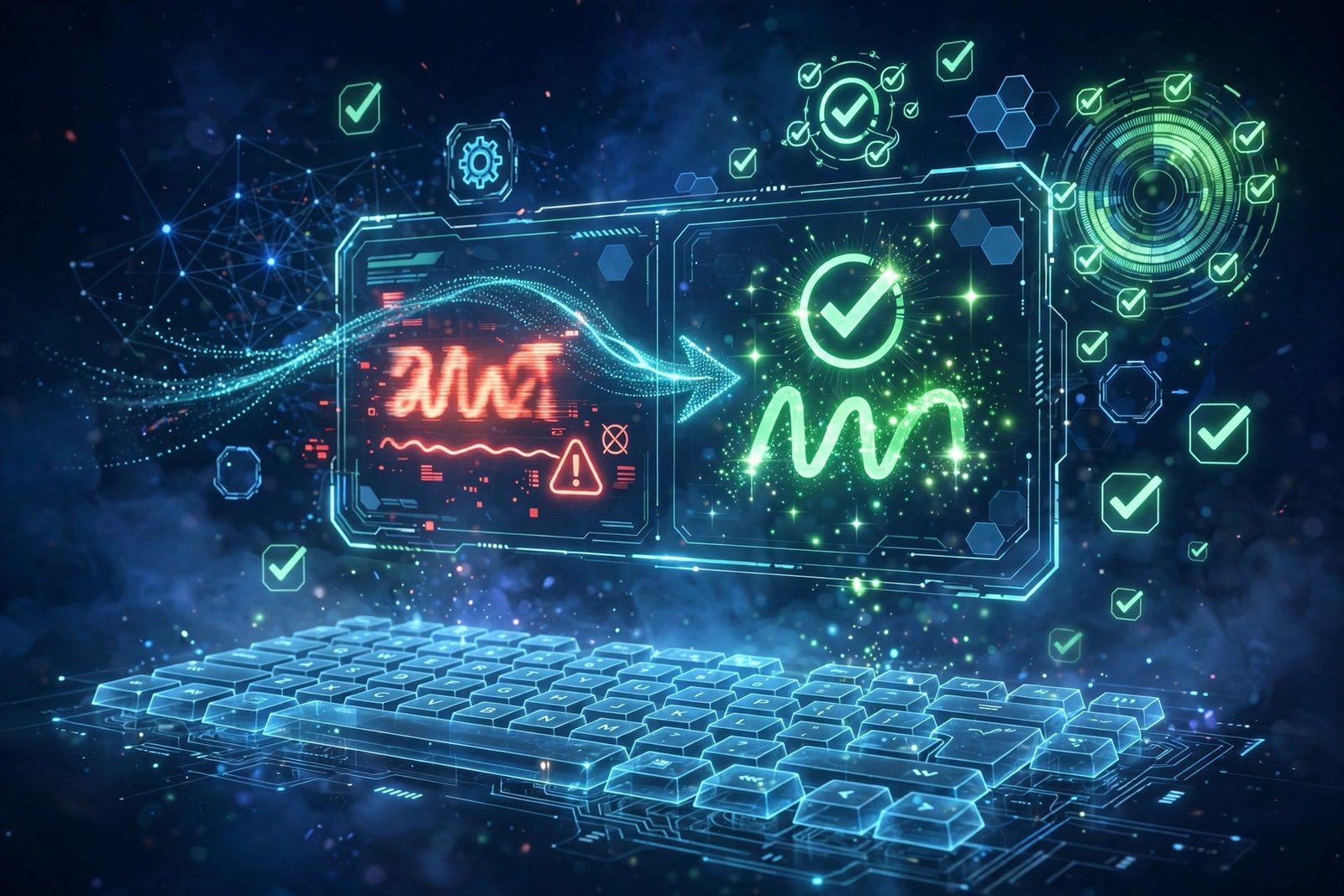 Futuristic spell-check interface correcting a misspelled word on a glowing holographic keyboard