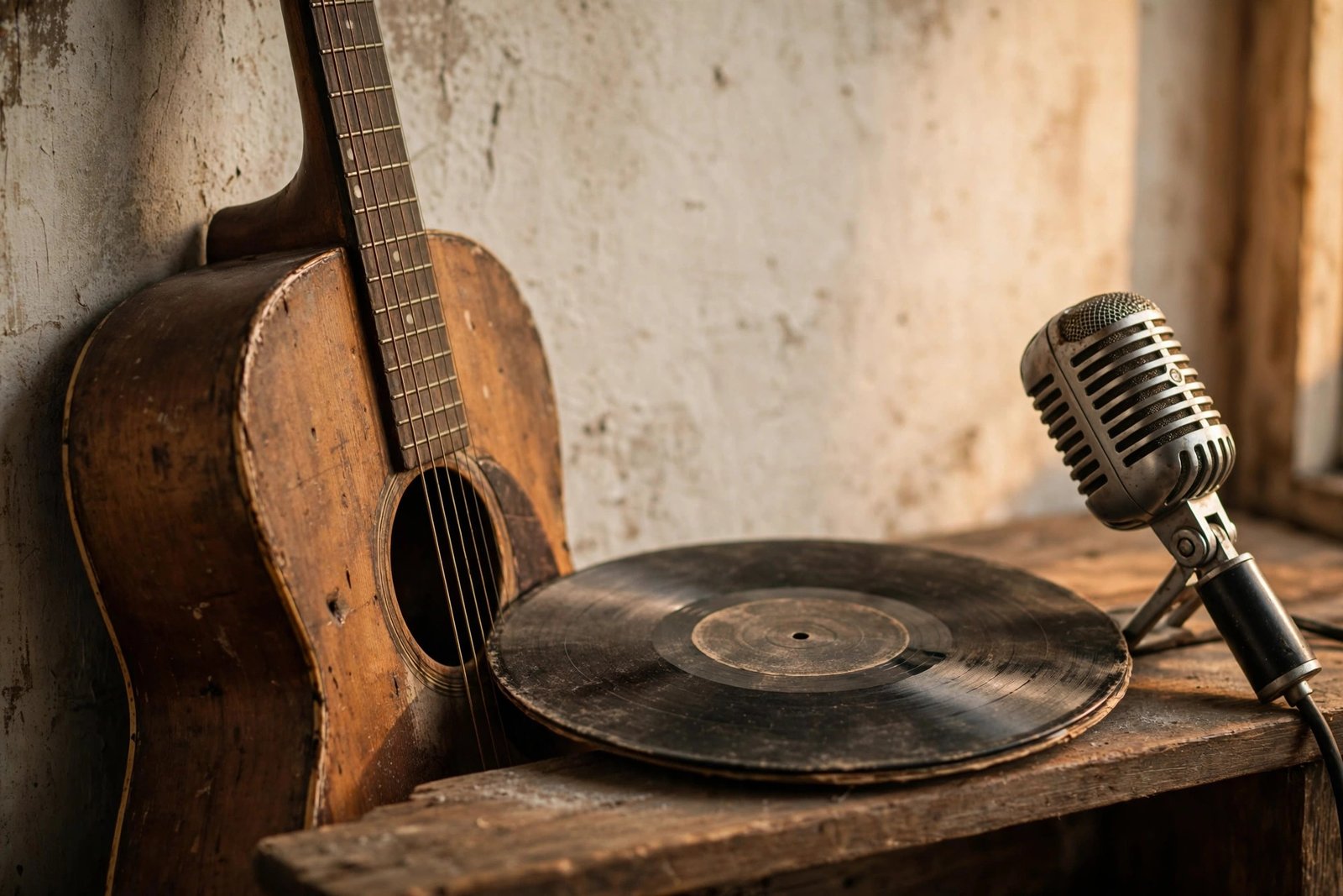 Vintage country music memorabilia including an acoustic guitar and vinyl record