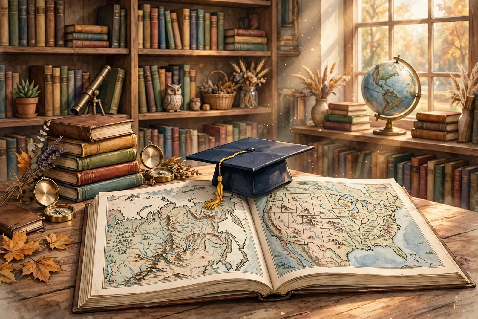 Books, graduation cap and globe symbolizing education and Michael Dmitri Ingraham's life journey from Russia to America