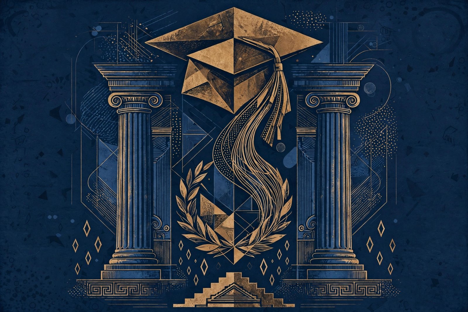 Abstract editorial illustration of a graduation cap and courthouse columns in deep blue and bronze tones