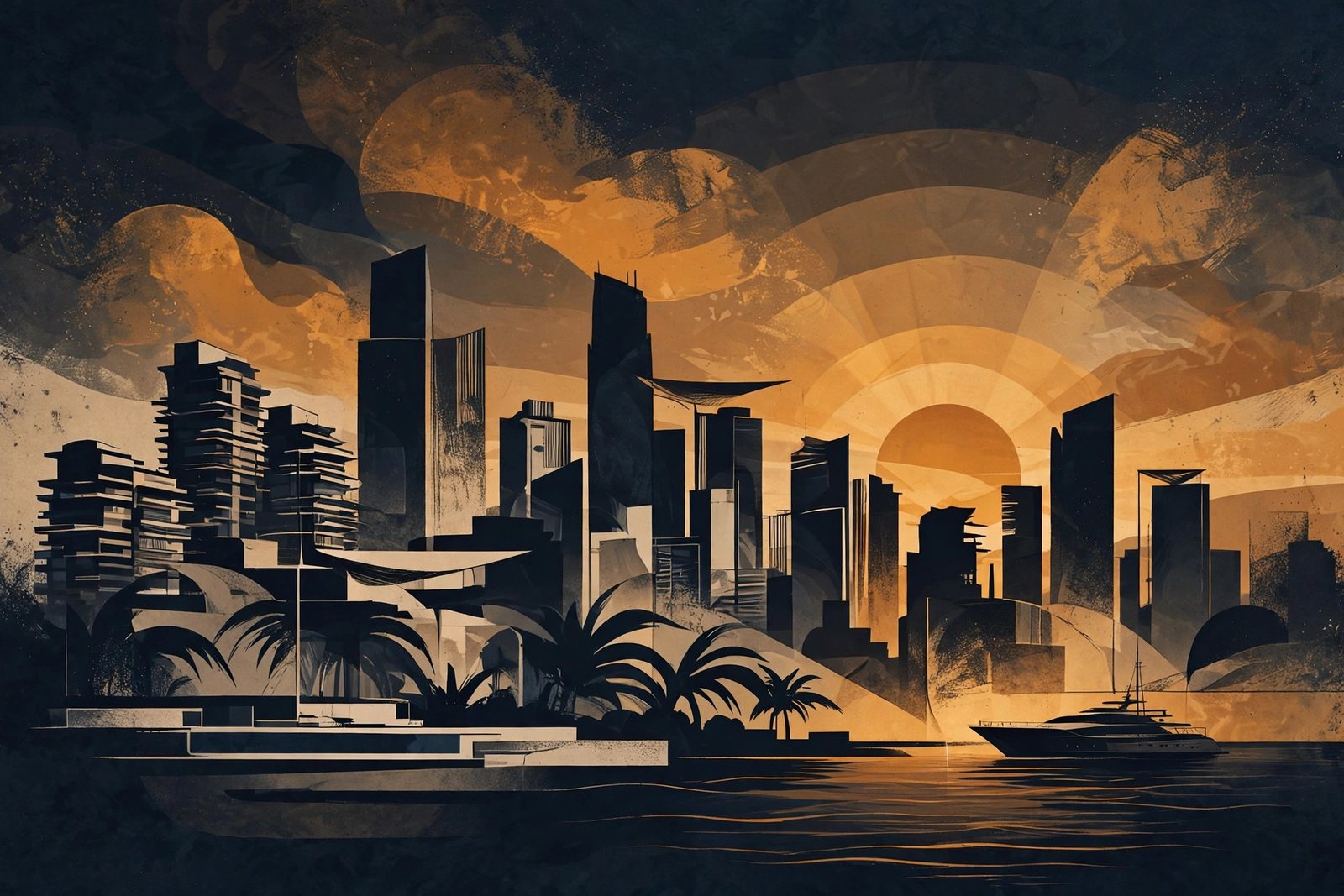 Abstract editorial illustration of a city skyline silhouette at dusk in warm amber and dark navy tones
