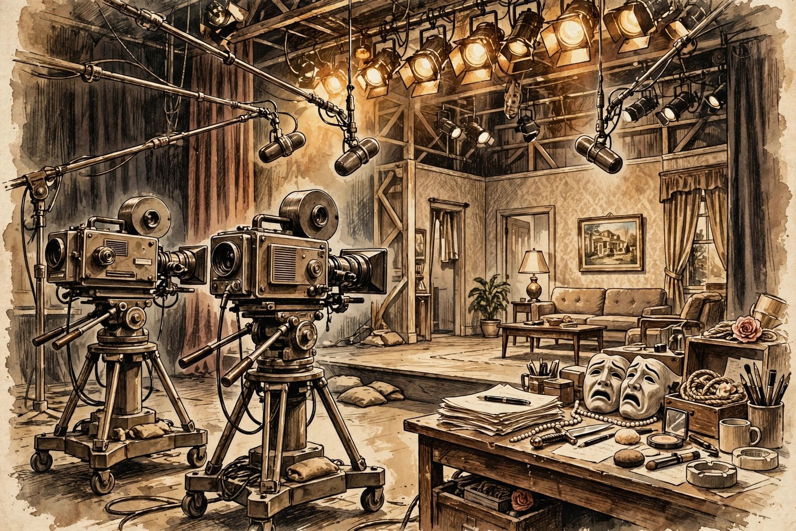 Vintage 1960s television studio with classic cameras, boom microphones and stage lights, evoking Patti Kendig's daytime soap opera acting career