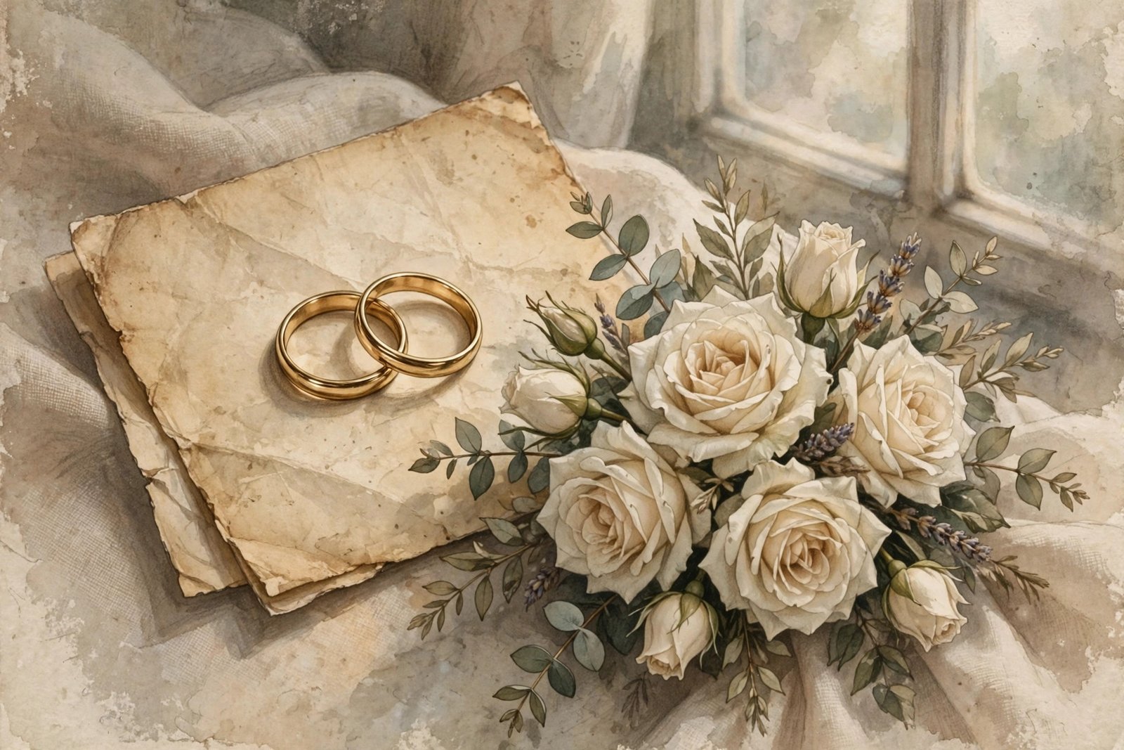 Two vintage gold wedding rings resting on aged parchment beside cream roses, symbolizing Patti Kendig's marriage and remarriage to Gavin MacLeod