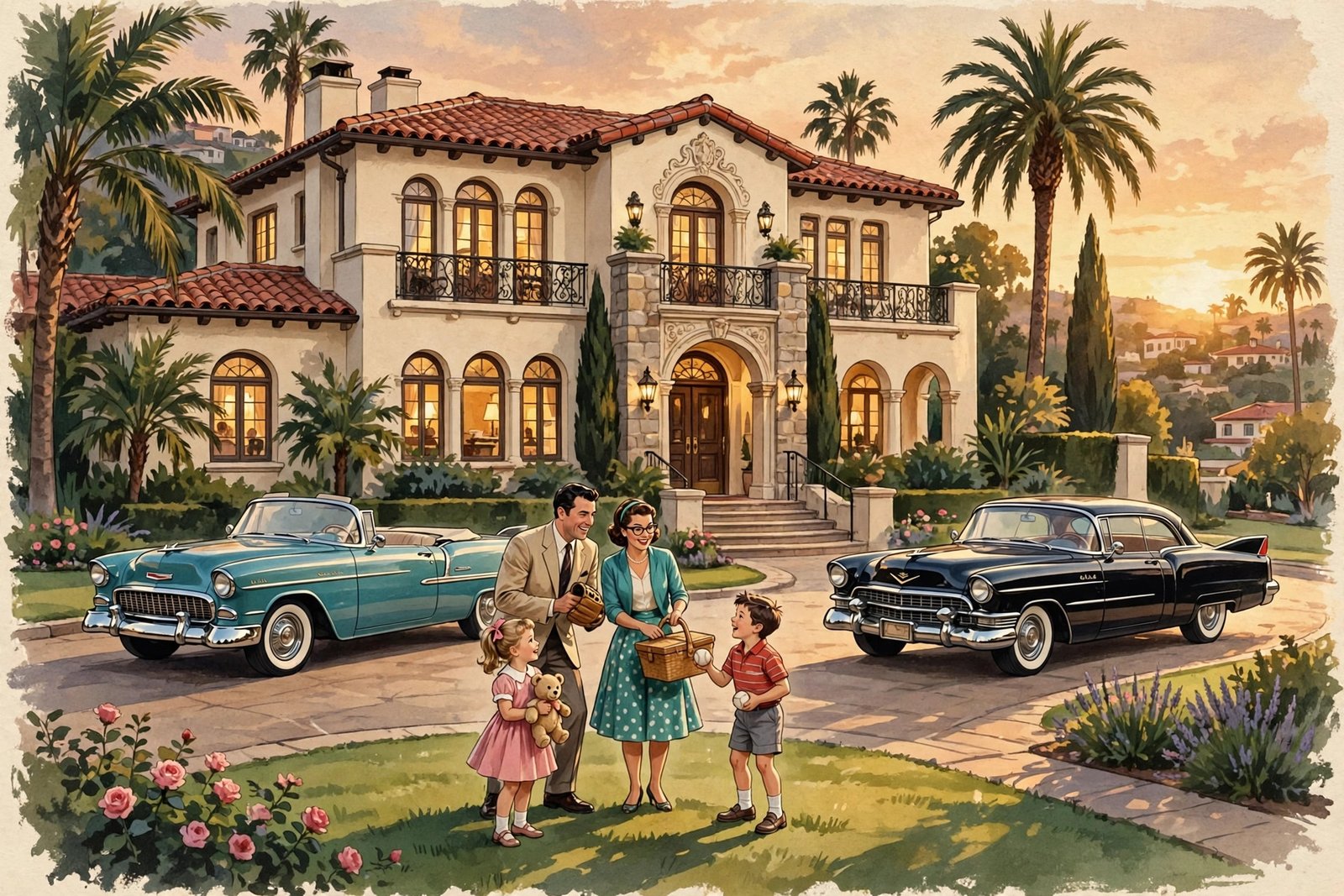 Concept art of a 1950s Beverly Hills Hollywood family home at golden hour, evoking the world Penny Jane Owen grew up in