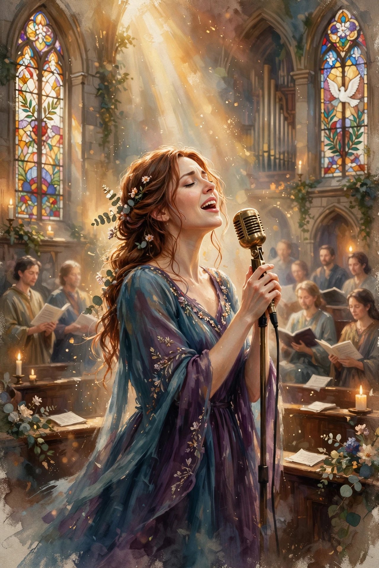 Illustration of singer Telee Gaulden performing on stage with a microphone