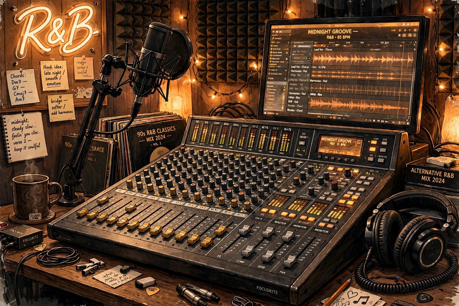 Music studio mixing console with microphone and headphones in warm light