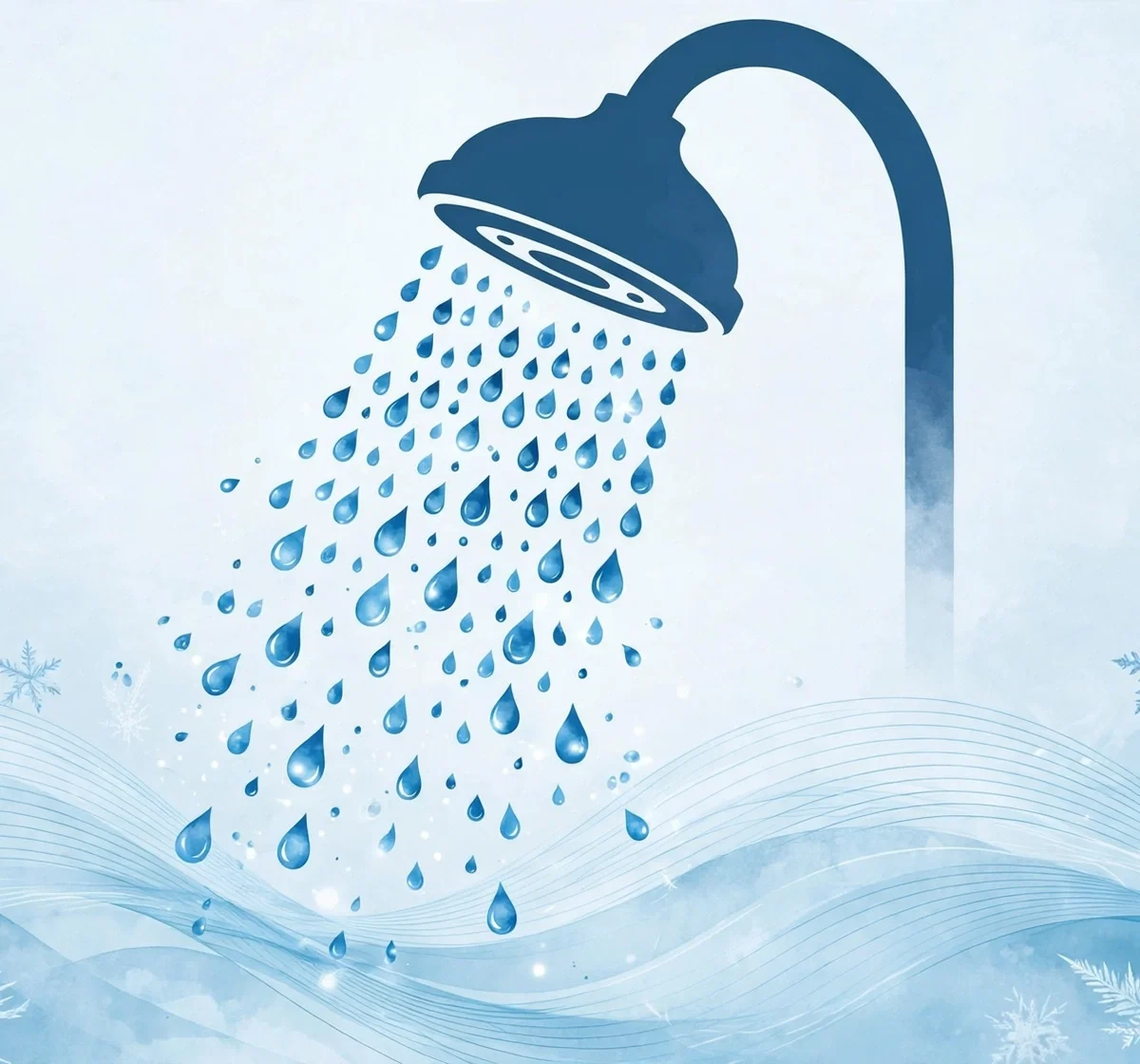 Showerhead releasing cool blue water droplets in a frosty wellness illustration