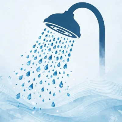 Showerhead releasing cool blue water droplets in a frosty wellness illustration